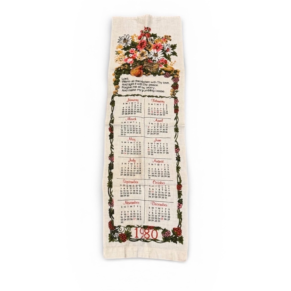 Vtg 80s Linen Calendar Tea Towel Floral‎ Kitchen Prayer Wall Hanging Cream